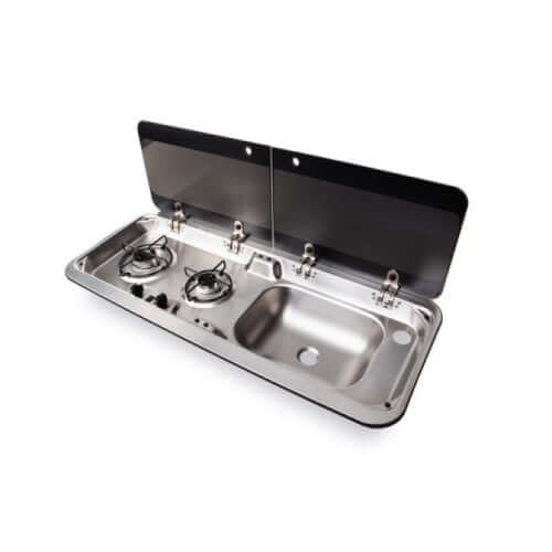 Combinato piano cottura-lavello con coperchio in vetro Carbest vasca destra
