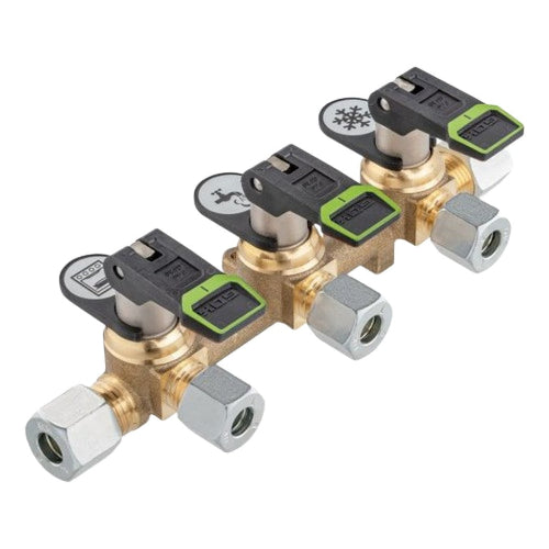 Blocco valvole a leva lungo 3 vie Ø 8 mm per distribuzione gas camper e caravan