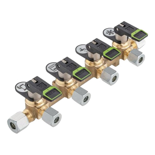 Blocco valvole distributore gas 4 vie con leva a bilanciere e indicatori verde rosso per impianti 8mm 10mm