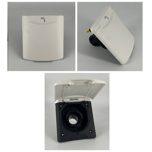 Bocchettone per il carico dell'acqua di colore bianco installato su un van 