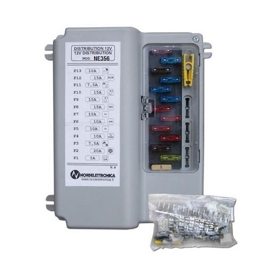 Quadro distribuzione utenze 12V NE356 con sportello aperto per camper e van