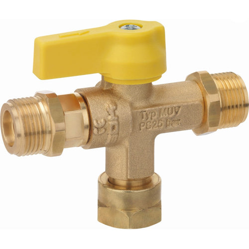 Valvola gas a T manuale per impianti GPL con uscita a due codoli, versione standardì